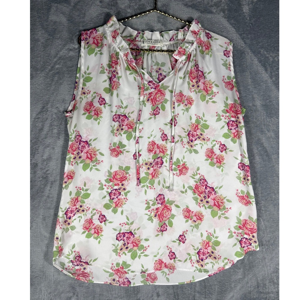 Spring Summer Romantic Floral Sleeveless Blouse White Pink Ruffle Tie Neck L